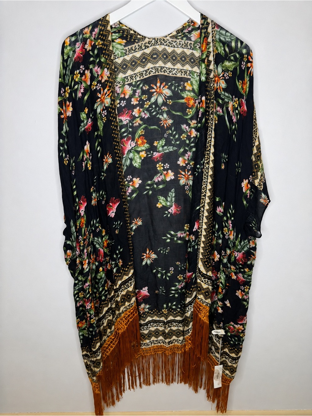 Ruggine | Floral Fringe Kimono in Black & Mustard | One Size